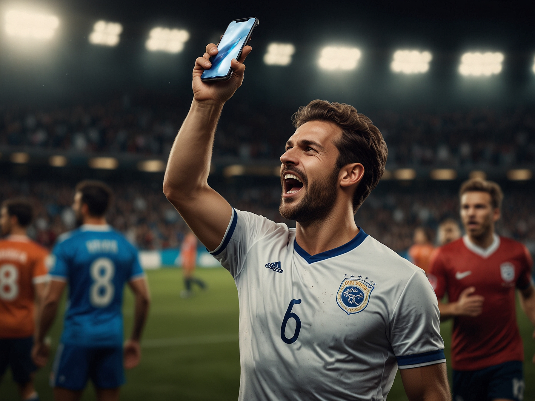 Jugador celebrando con teléfono y logo Rhino